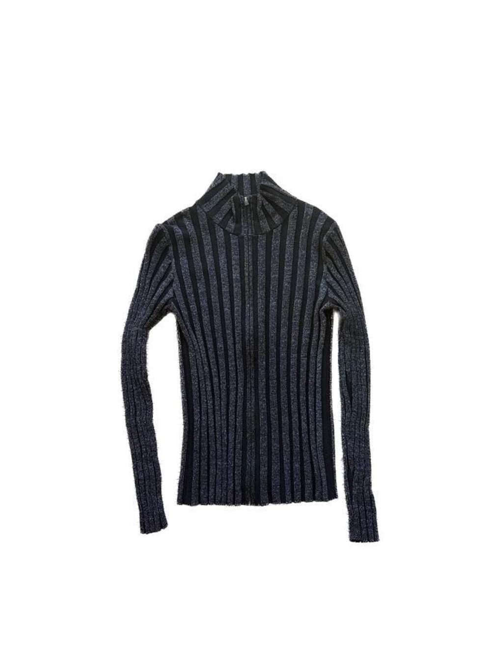 Pure Amici Metallic Silver and Black Ribbed Full-Zip Mock Neck Sweater